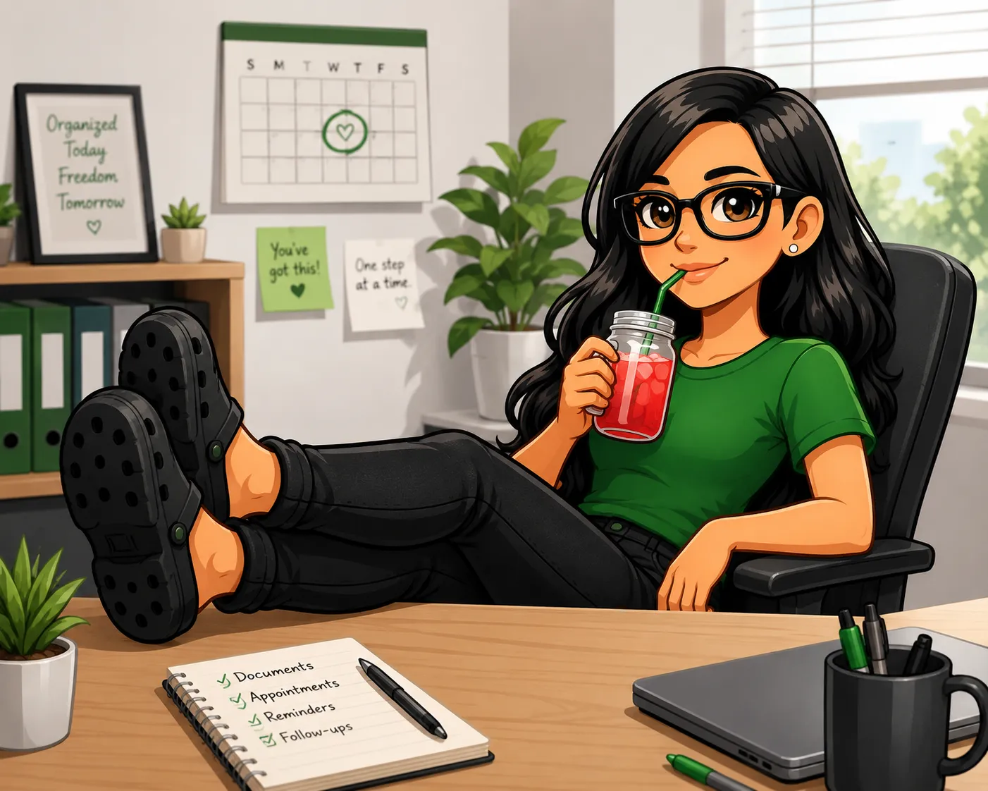 Sofia relaxing after keeping documents, appointments, reminders, and follow-ups organized