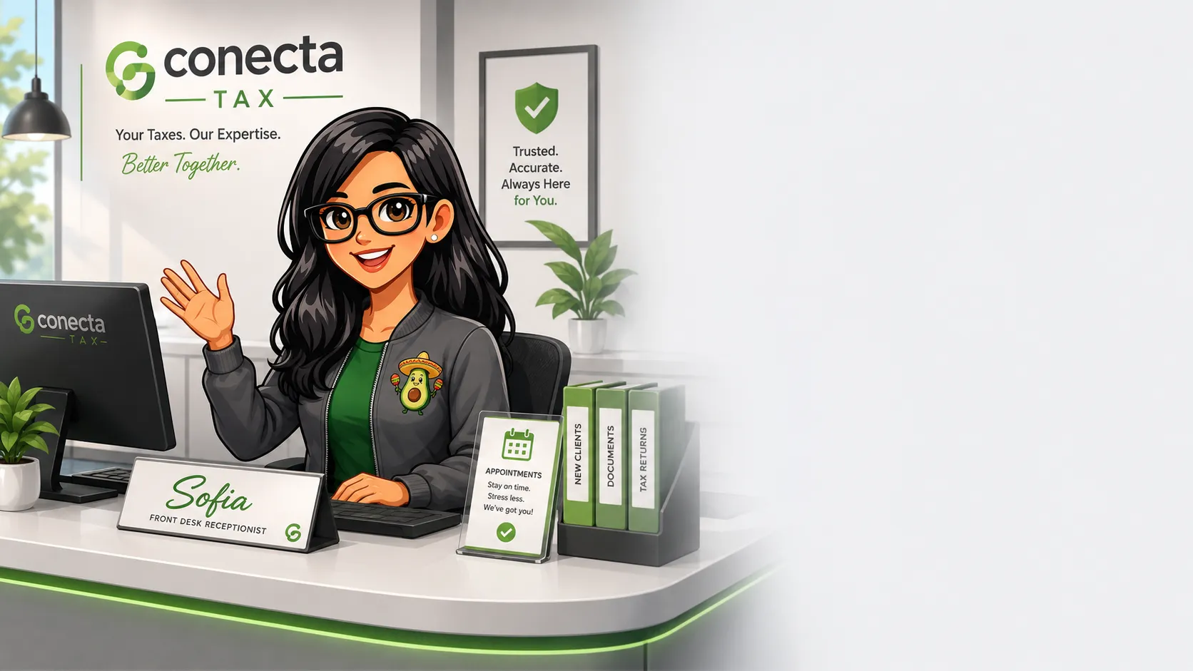 Sofia, Conecta's bilingual AI front desk assistant, welcoming clients at a tax office
