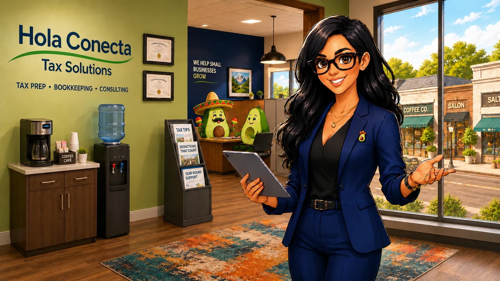 Sofia in a tax office, holding a tablet